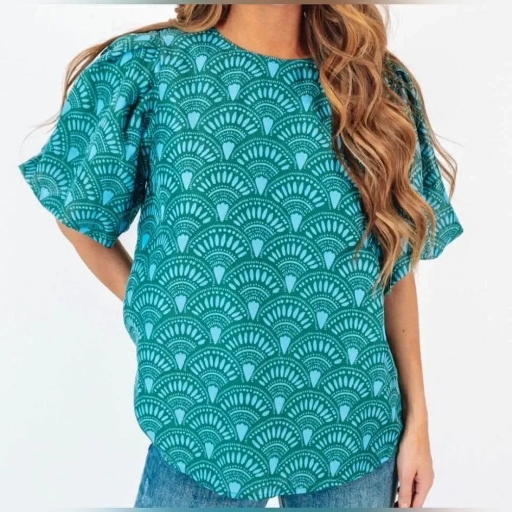 J.Marie Puff Sleeve Top Geometrical Short Sleeve  size S